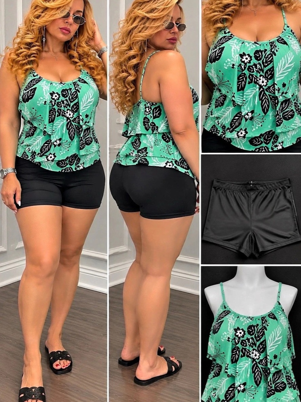 Floral Green & Black Tank Top